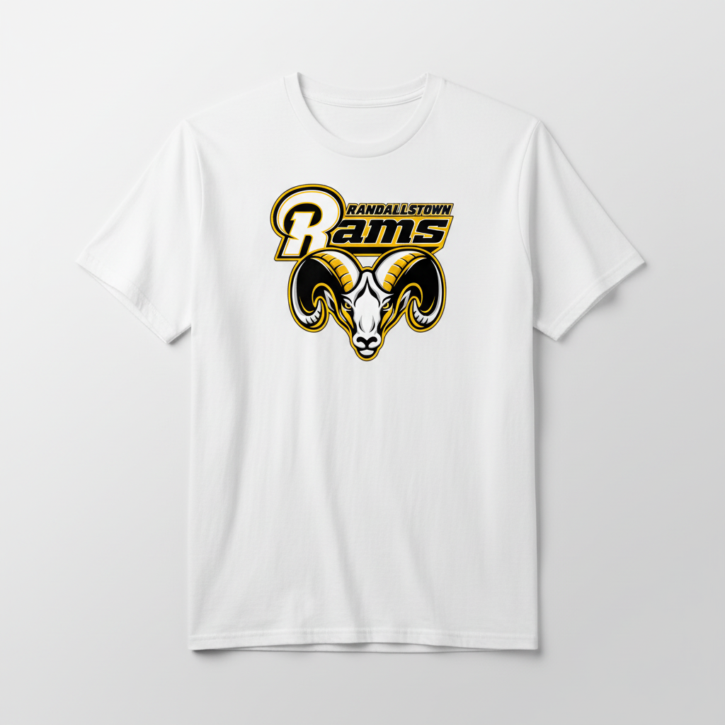 Bright white Randallstown Rams classic tee with centered ram logo