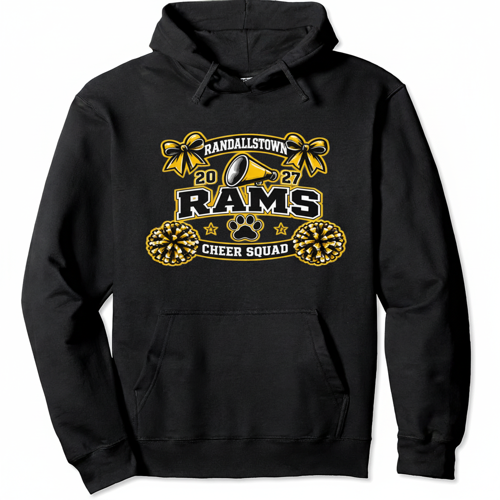 Black Randallstown Rams Cheer Squad 2027 hoodie with cheer artwork