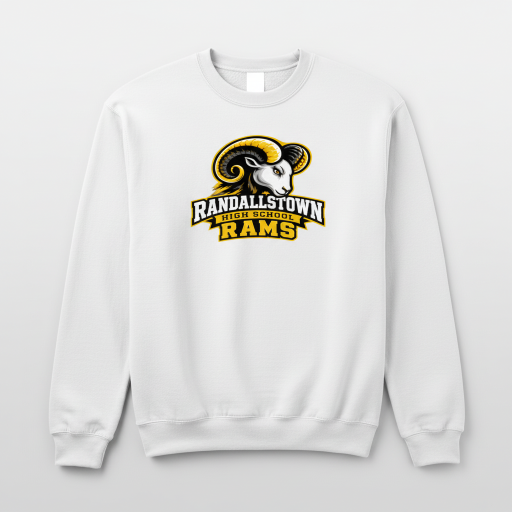 White Randallstown Rams crewneck with High School Rams mascot artwork