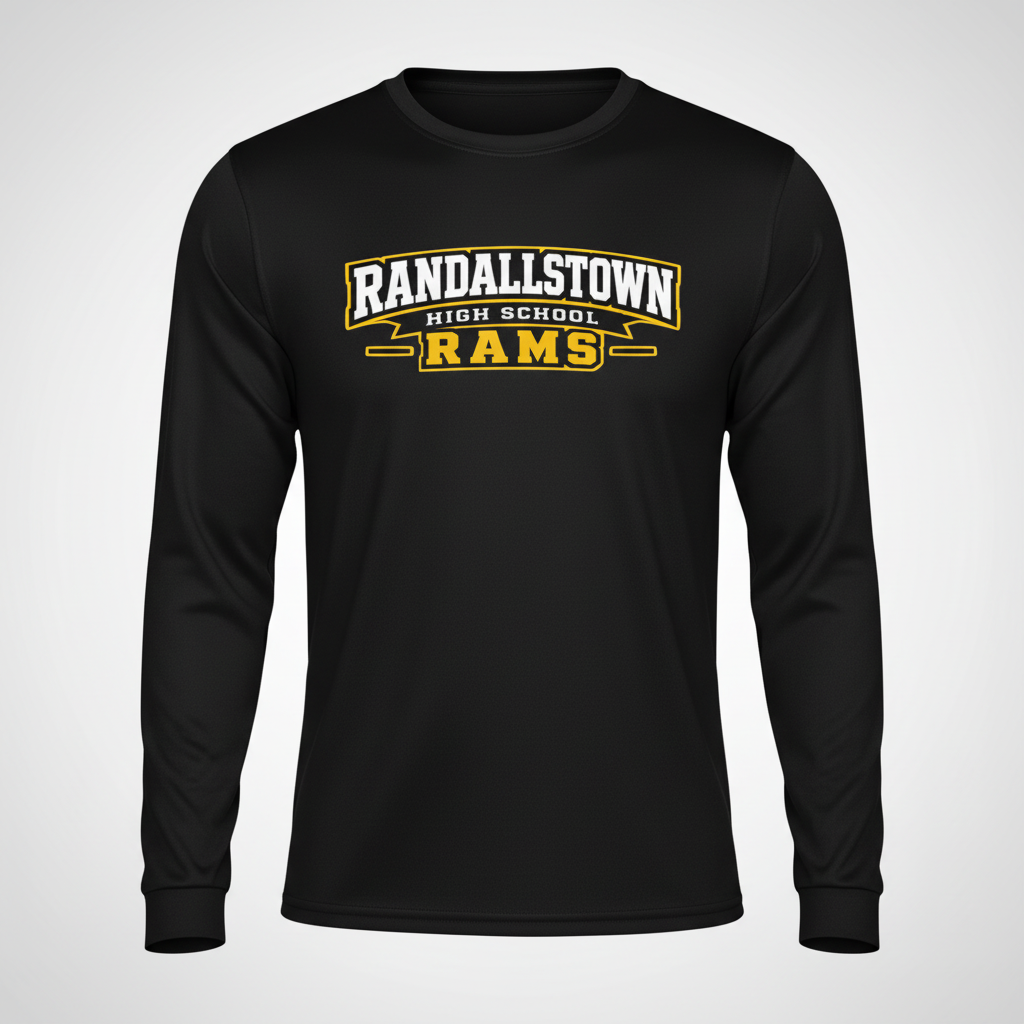 Black Randallstown Rams long-sleeve performance tee with school wordmark artwork
