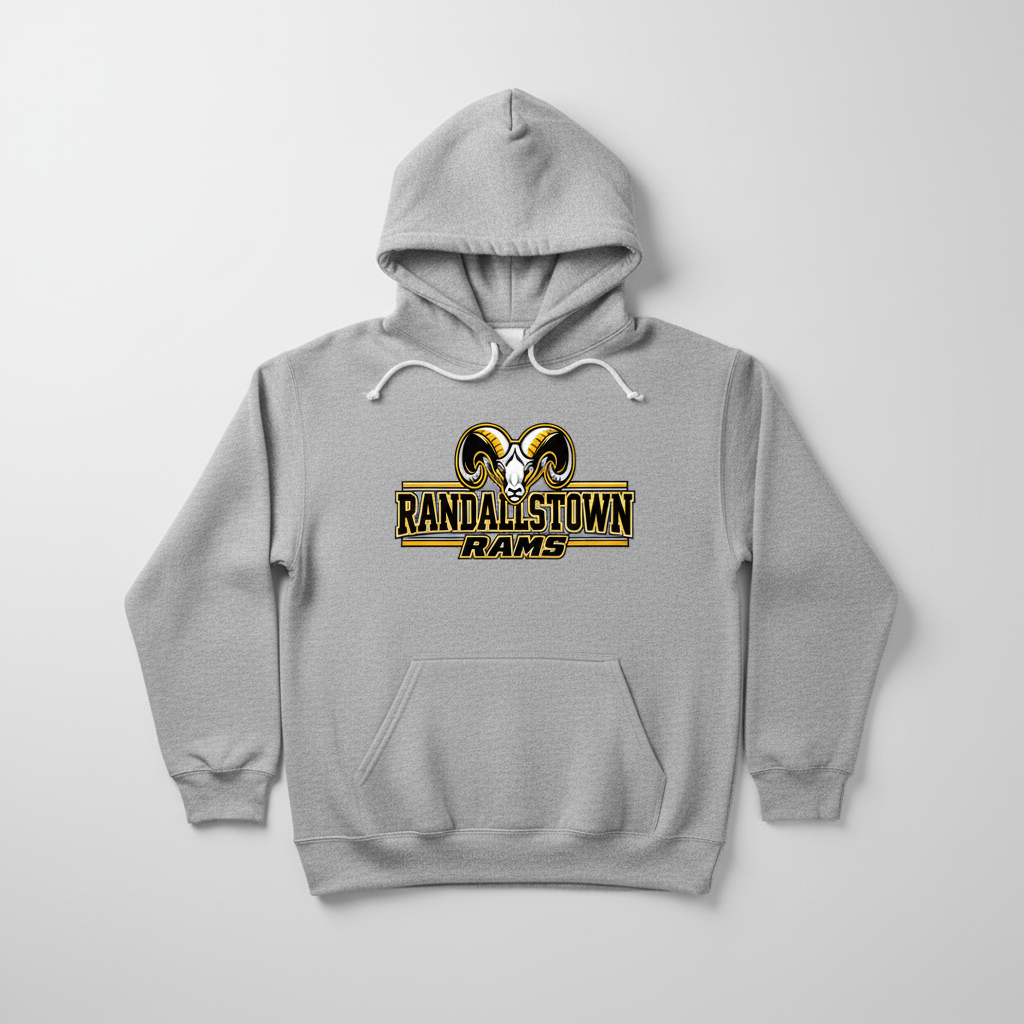 RANDALLSTOWN RAMS GREY HOODIE with the Rams logo printed on the chest