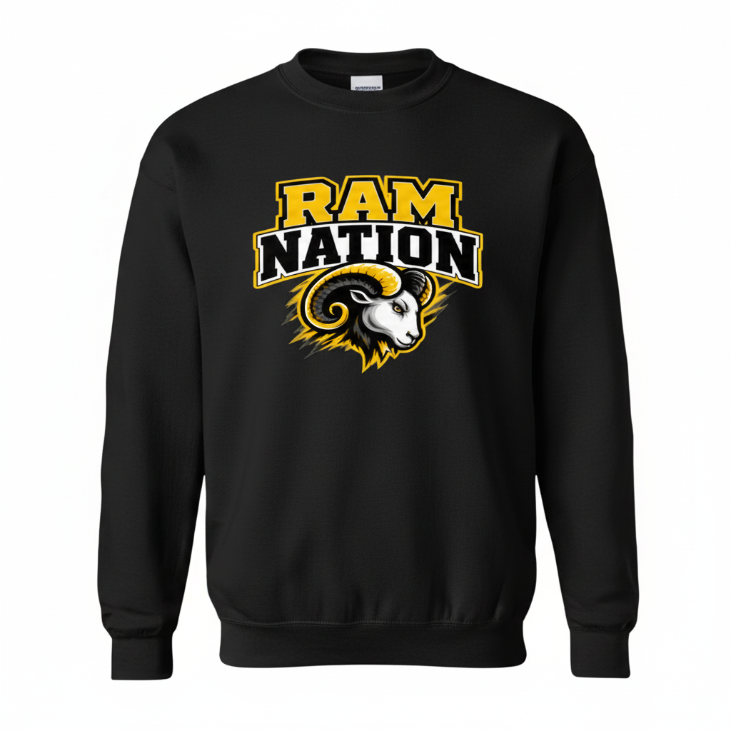 Black Randallstown Ram Nation crewneck sweatshirt with ram mascot artwork