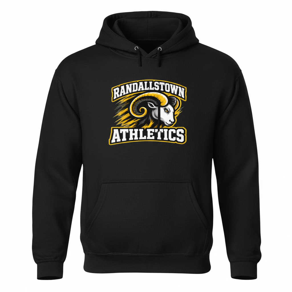 Black Randallstown Athletics hoodie with ram mascot artwork