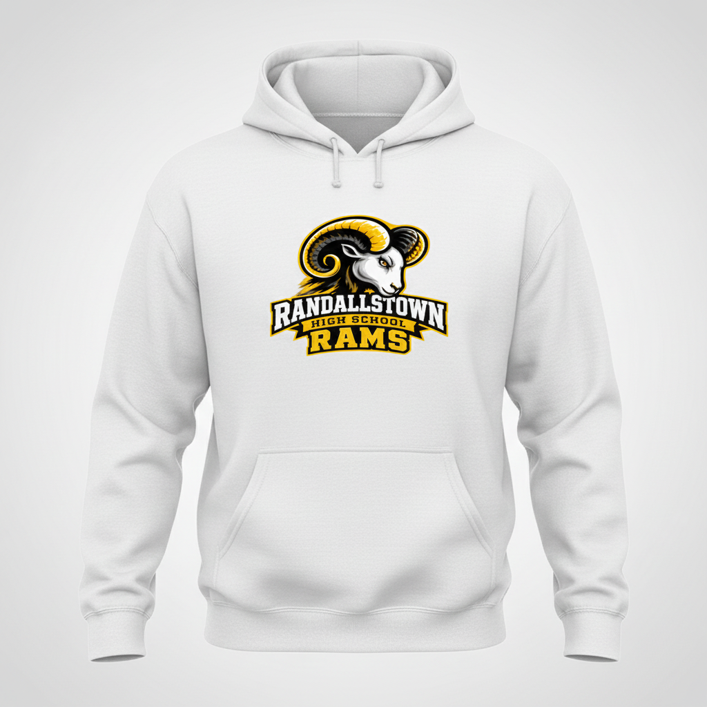 White Randallstown Rams hoodie with High School Rams mascot artwork