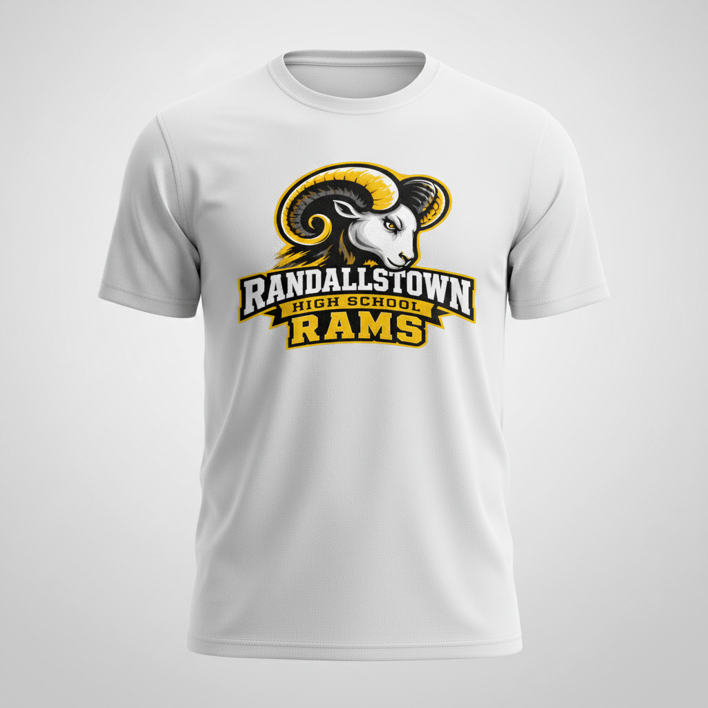 White Randallstown Rams performance tee with mascot artwork