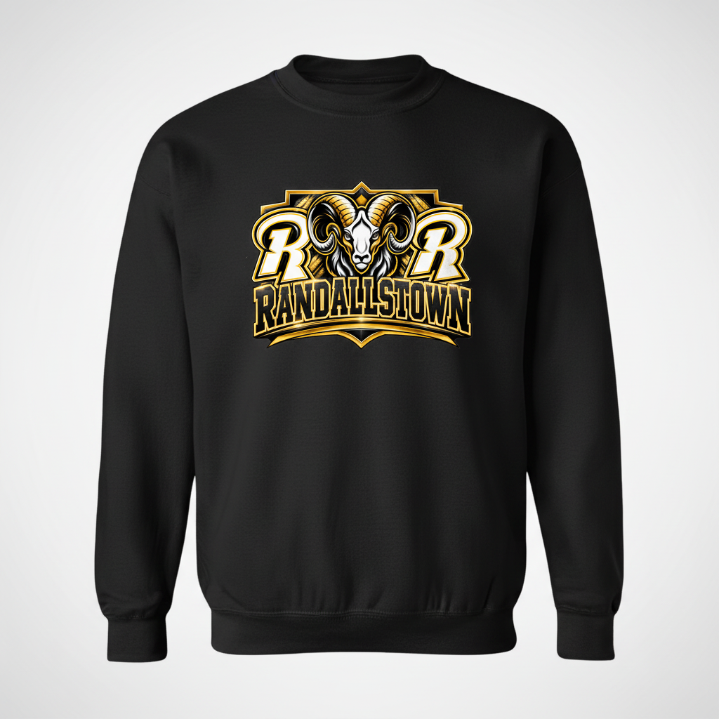 Black Randallstown Rams crewneck with a large centered power crest