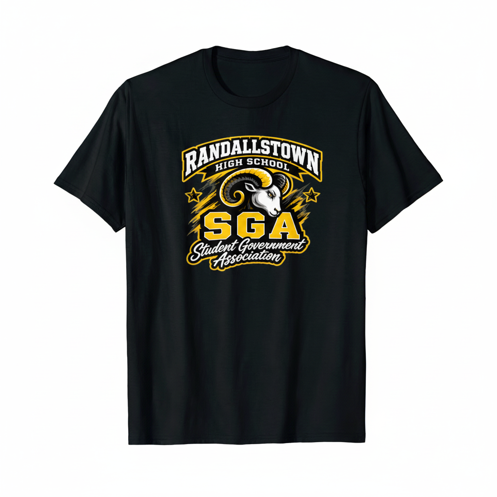 Black Randallstown High School SGA spirit tee with Rams artwork