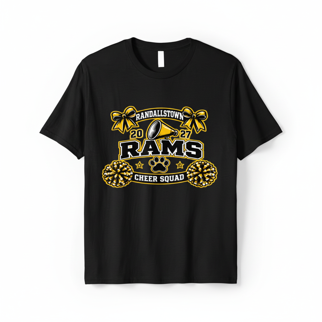 Black Randallstown Rams Cheer Squad 2027 spirit tee with cheer artwork