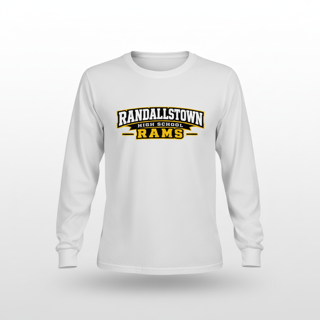 White Randallstown Rams long-sleeve tee with school wordmark artwork
