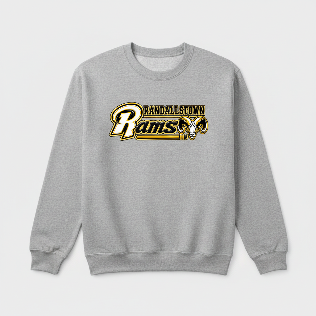 RANDALLSTOWN RAMS GREY CREWNECK with the Rams script logo printed on the chest